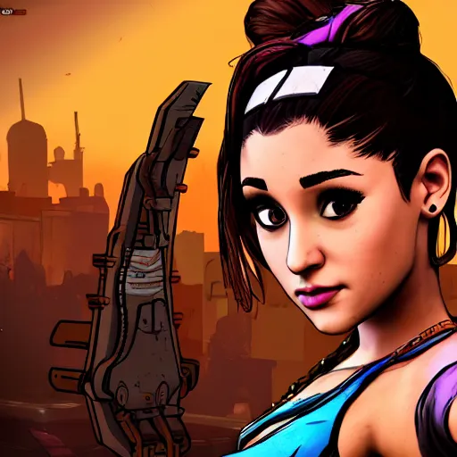 Image similar to ariana grande portrait, borderlands, tales from the borderlands, the wolf among us, comic, cinematic lighting, studio quality, 8 k