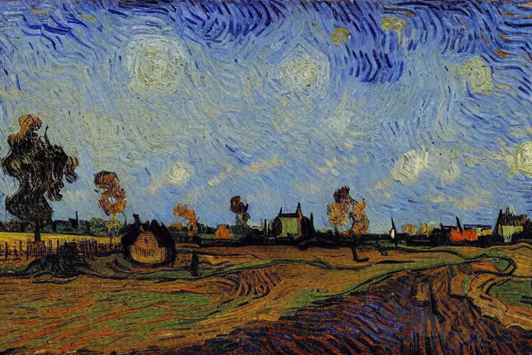 Image similar to oil painting of a Dutch landscape called het Beuven in Someren, by sunset, painted by Vincent Van Gogh