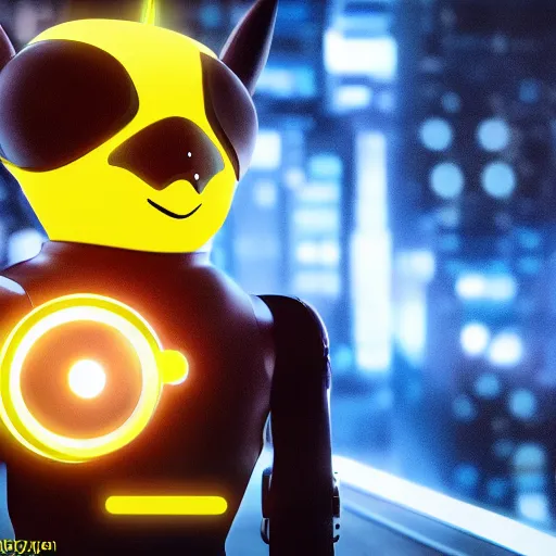 Image similar to cyberpunk pikachu, a male robot, portrait full HD 8k, ultra realistic cinematic octane render, focus on shoulder to head