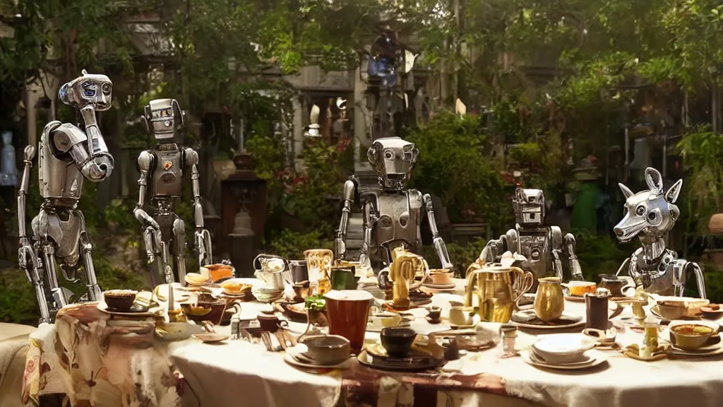 Image similar to film still from the movie chappie of the robot chappie shiny metal outdoor park plants garden scene bokeh depth of field several figures sitting down at a table having a delicious grand victorian tea party crumpets furry anthro anthropomorphic stylized cat ears wolf muzzle head android service droid robot machine fursona