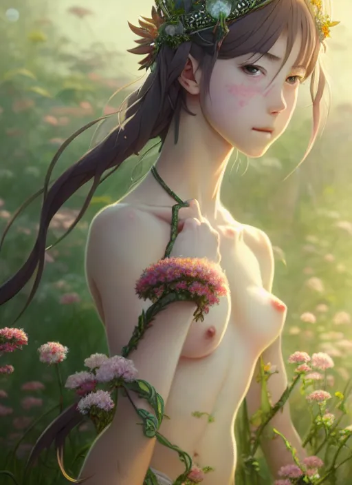 Prompt: a film still portrait of nymph girl with crown of flowers in plants bikini covered in celtic tattoos, finely detailed features, perfect art, trending on pixiv fanbox, painted by greg rutkowski makoto shinkai takashi takeuchi studio ghibli, akihiko yoshida,