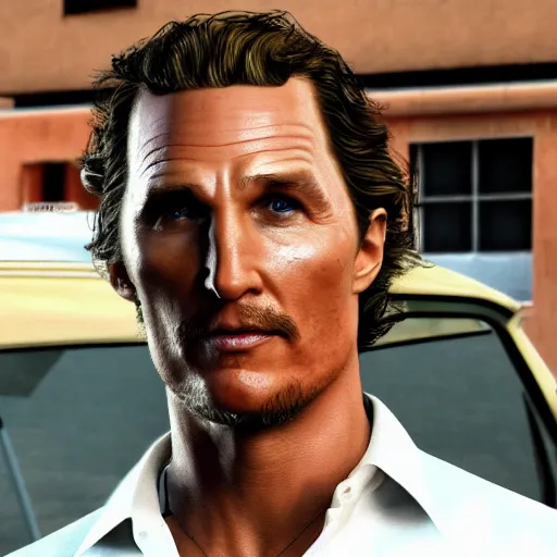 Prompt: matthew mcconaughey as a GTA style character on a loading screen, 4k, high detail, high-resolution photograph, professional photography, ultra-detail