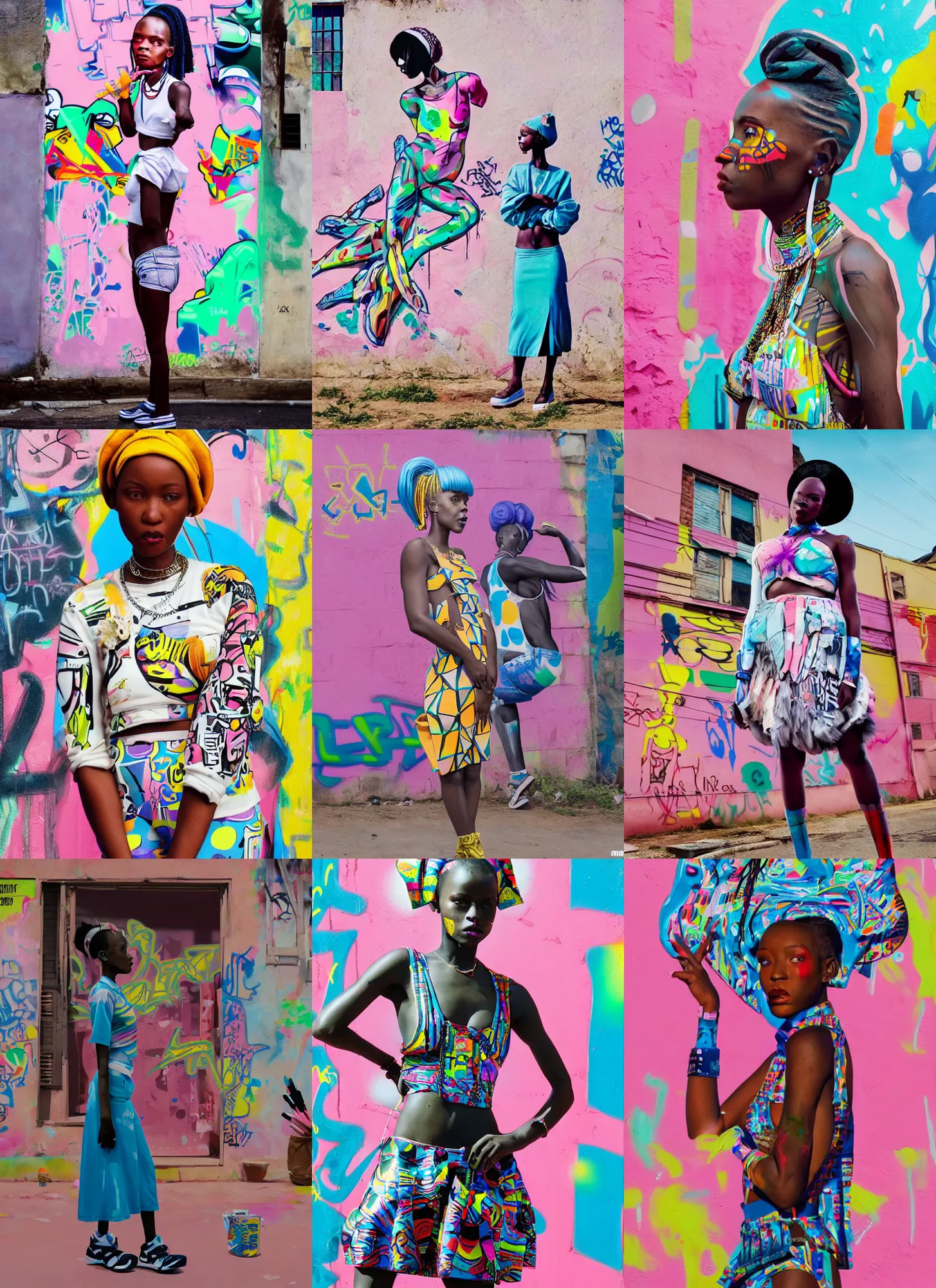 Prompt: still from music video of a cute xhosa girl from die antwoord standing in a township street, street fashion clothing,! haute couture!, graffiti, full figure painting by martine johanna, njideka akunyili crosby, rossdraws, pastel color palette, 2 4 mm lens