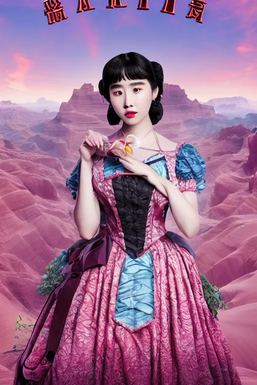 Image similar to portrait of IU from Hotel del Luna, vaporwave mixed with Victorian era aesthetic, masterpiece, set on Antelope canyon