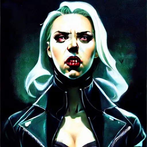 Image similar to rafael albuquerque comic art, peter mohrbacher, steve niles, artgerm, pretty scarlett johansson vampire sharp vampire teeth open mouth, symmetrical eyes, black leather jacket, jeans, long blonde hair