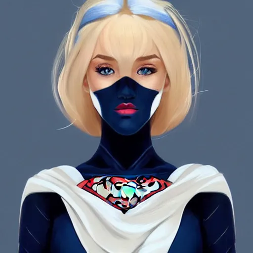 Image similar to a beautiful portrait of a beautiful cute superhero woman, blonde hair, matte navy - blue bodysuit, white cape, intricate, elegant, 8 k, highly detailed, digital painting, concept art, smooth, sharp focus, illustration, disney, anime, by artgerm and loish and wlop and alphonse mucha