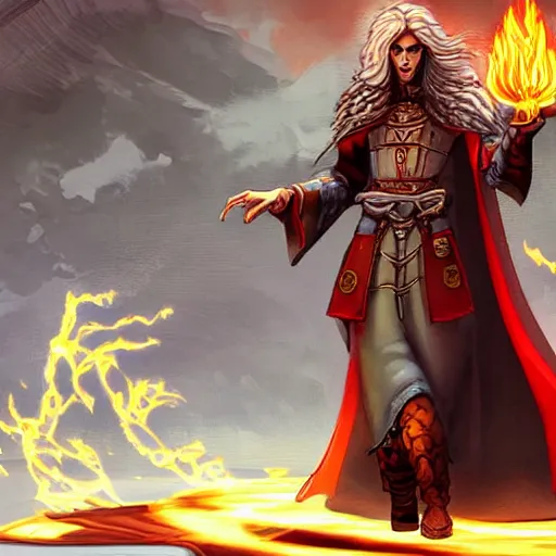 Prompt: fire genassi sorcerer, fire hair, dark robes, character art, D&D, high detail
