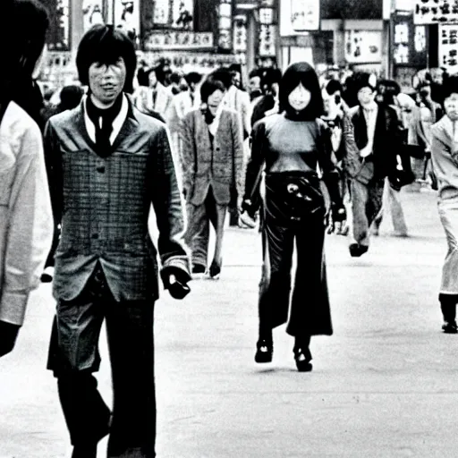 Prompt: 1 9 7 0 s japanese tv show, bw, sci - fi, tsukamoto, mechanical inhuman monsters walking the streets of shinjuku,