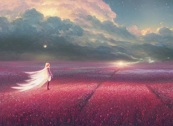 Image similar to a lone princess walks through a vast flower field in the cosmic sky by guweiz and peder mørk mønsted