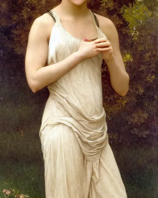 Image similar to annasophia robb with bowl haircut, bouguereau and mucha