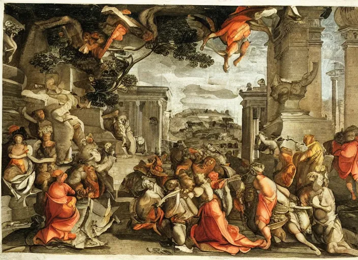 Prompt: the great city, ancient land, illustration, scroll painting, angelic, by annibale carracci