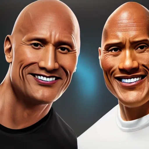 Prompt: obunga and dwayne Johnson promoting toothpaste by showing of their beautiful white teeth and holding toothpaste, hyper realistic, tv commercial