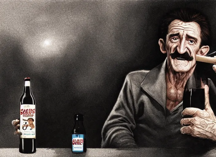 Image similar to barry chuckle drinking a bottle of snake oil, snake oil advertisement from 1 9 8 8, artwork by greg rutkowski and richard corben, 3 d, high resolution 8 k