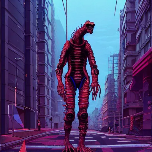 Image similar to A cyberpunk reptile cyborg on the street of a cyberpunk city art by Josan Gonzalez, sci-fi, highly detailed, digital painting, artstation, smooth, sharp focus, illustration, concept art by Josan Gonzalez and James Gurney and Mœbius