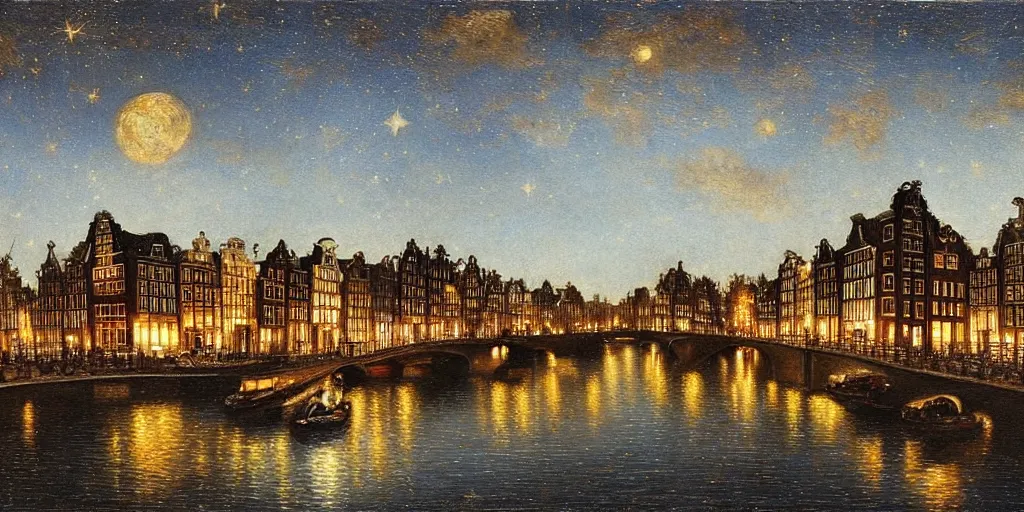 Prompt: view from the amstel river in amsterdam at night, sky full of stars, art by ippolito caffi, very beautiful, intricate, highly detailed, romantic painting