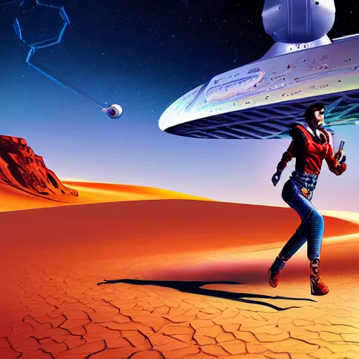 Image similar to poster starwalker running in the desert, small starship near, futuristic, hi-tech details, style jean giraud, hyperdetailed, vivid colors, cinematic, unreal engine