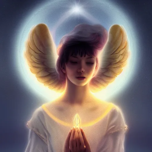 Prompt: Angel in the universe, surrounded by a light circle, glowing, high saturation, cinematic light effect, realistic, adding detail, by Wlop，rococo style, high definition