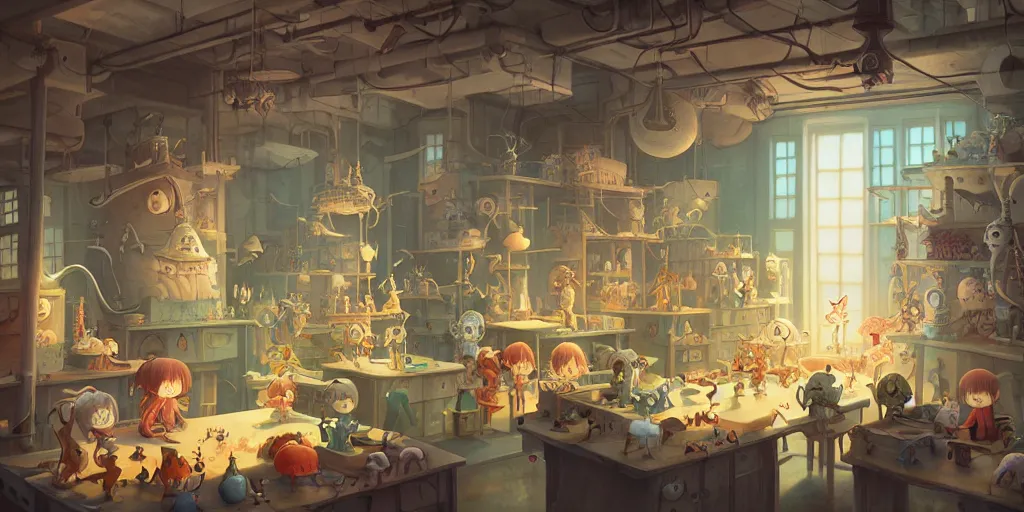 Prompt: toy factory to create cute monsters and creatures, natural lighting, playful color scheme, intricate details, matte painting, illustration, by hayao miyazaki