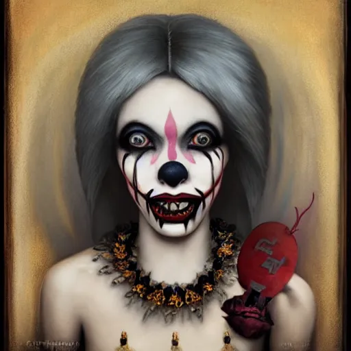 Image similar to ultra realist soft painting of a single beautiful female clown with gothic makeup big smile croocked teeth in a long dress, curiosities carnival, symmetry accurate features, very intricate details, focus, curvy, artstyle by Tom Bagshaw, award winning