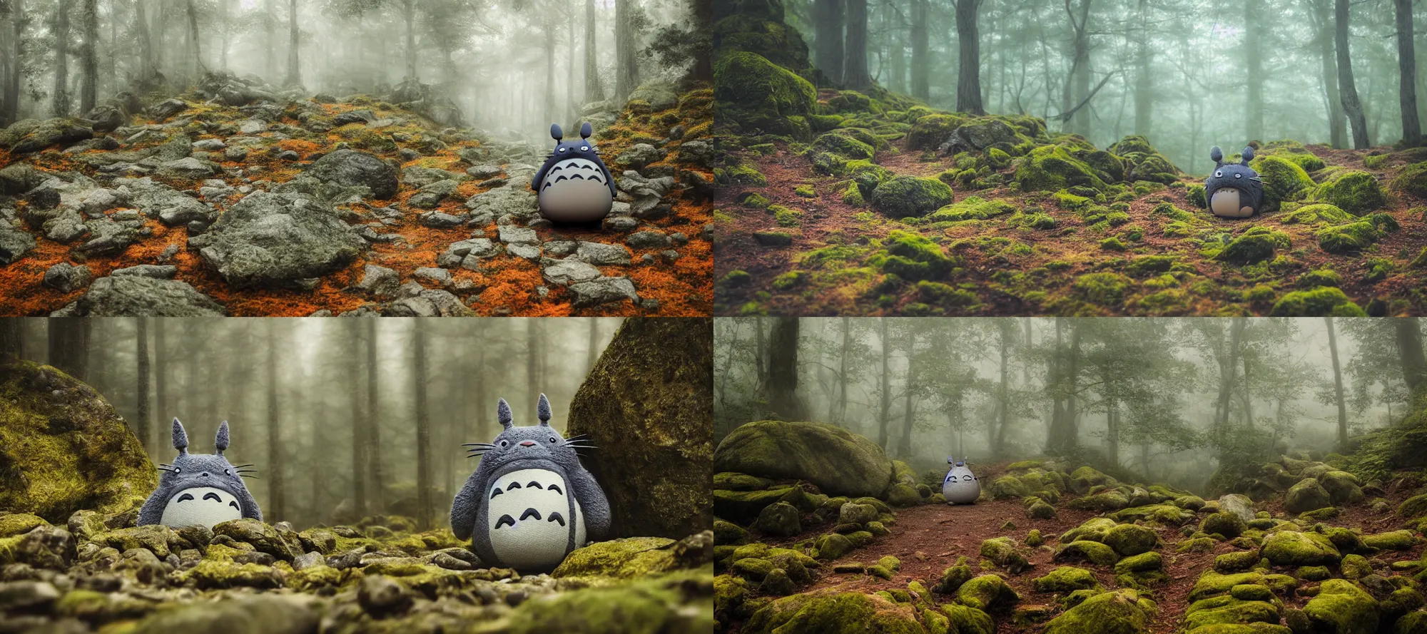 Prompt: a photo of a totoro walking through rocks in a mountainous forest terrain, eary moring, fog, cute, godrays, complementary colors, calm, relaxing, beautiful landscape, highly detailed, high quality, 4k HDR, natural lighting, close view, path tracing, orange palette, anatomically correct, hyperrealistic, low contrast