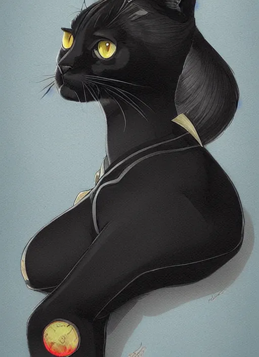 Prompt: portrait of a serious and intelligent black cat scholar in a retro suit, digital art by artgerm and greg rutkowski