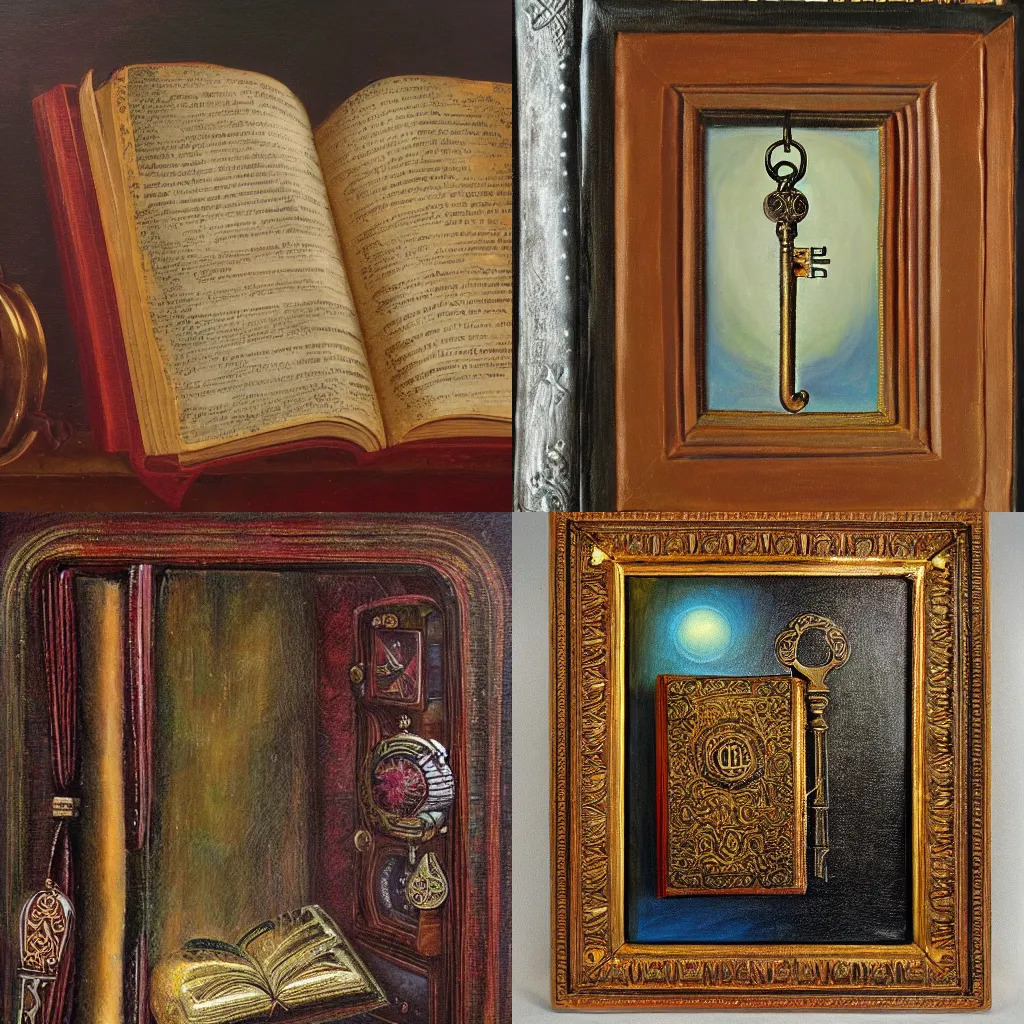 Prompt: A book locked tight with an ancient elaborate key, fantasy oil painting