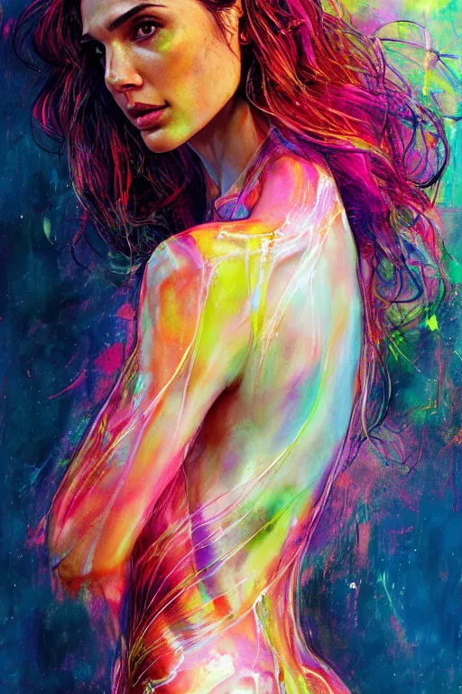 Image similar to gal gadot by agnes cecile enki bilal moebius, intricated details, 3 / 4 back view, full body portrait, extremely luminous bright design, pastel colours, drips, autumn lights