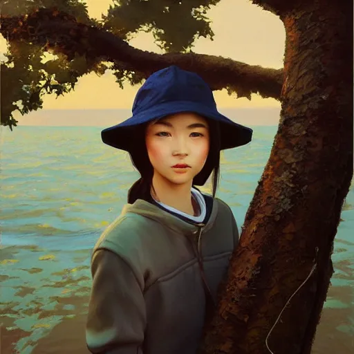 Image similar to oil painting by ilya kuvshinov,, baugh casey, artgerm craig mullins, coby whitmore, of a youthful japanese girl, long hair, fishing and wearing fisherman's outfit, fisherman's hat, highly detailed, breathtaking face, studio photography, noon, intense bounced light, water reflection, large tree casting shadow, serine intense sunlight