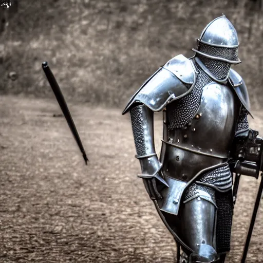 Prompt: medieval knight, in armor, shooting an ak - 4 7. 4 k, hdr, 5 0 mm lens, f 1. 8.