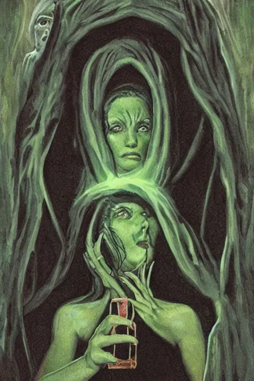 Image similar to cthulhu priestess looking into a mirror