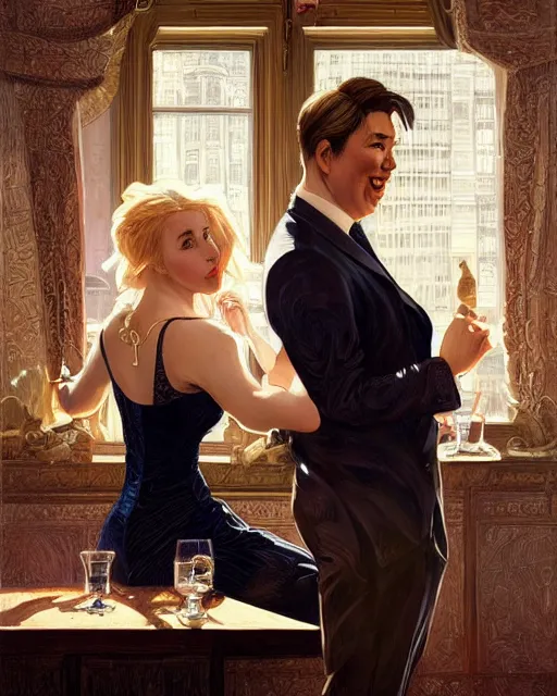 Prompt: Portrait of a  blonde lady and Michael mcintyre dancing on a table at Archer Street Soho,real life skin, intricate, elegant, highly detailed, artstation, concept art, smooth, sharp focus, art by artgerm and greg rutkowski and alphonse mucha