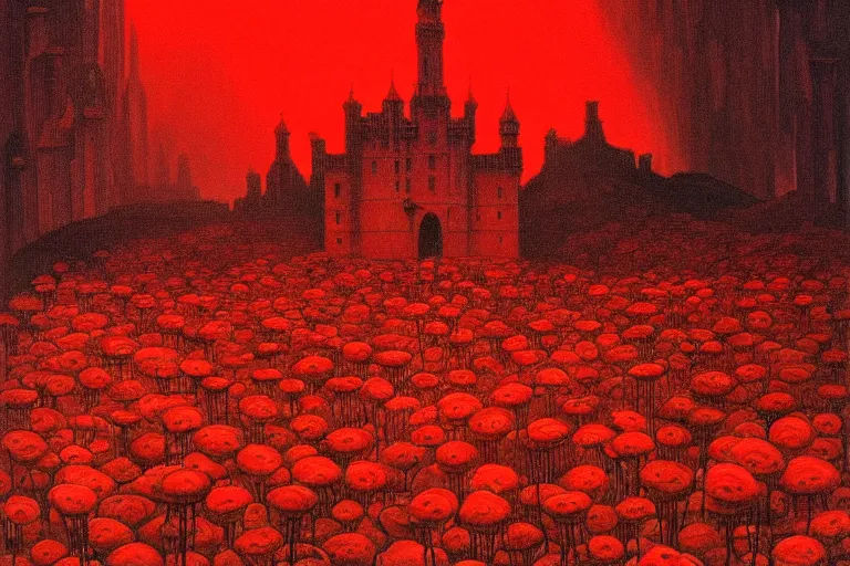 Image similar to only with red, red flowers of different types, red castle in background, red medieval big goblins, in the style of beksinski, parts by edward hopper, parts by rodcenko, parts by yue minjun, intricate and epic composition, red by caravaggio, insanely quality, highly detailed, masterpiece, red light, artstation, 4 k