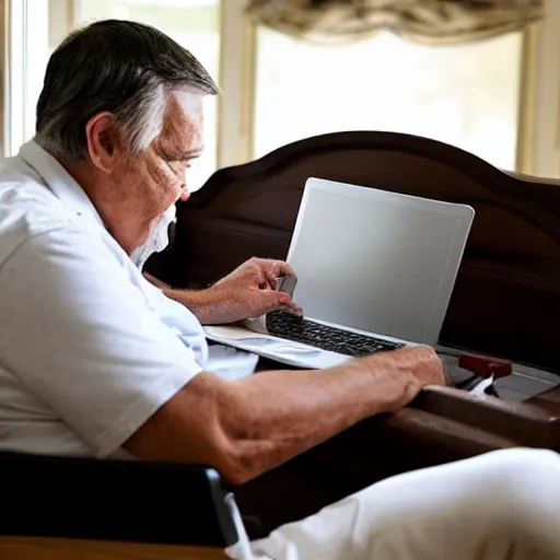 Image similar to elderly man sitting on a casket browsing internet on laptop from a casket casket