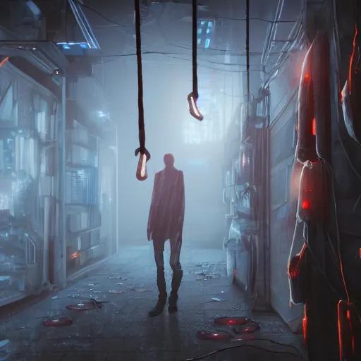 Prompt: illustration of rows of limp homunculus hanging like clothing in an ice box, rolling fog, cyberpunk, dystopian, dramatic lighting, unreal engine 5