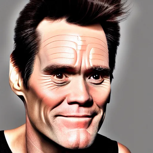 Prompt: a portrait of jim carrey wearing mechanical implants on the face