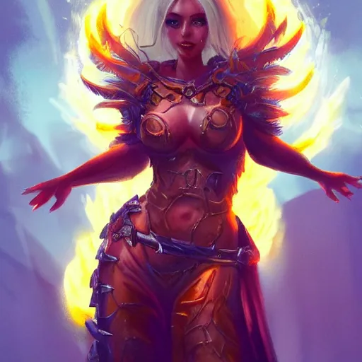 Prompt: Hot fire goddess, skin of flames, body made of fire, wearing armor, rampaging, stormy background, forest fire, breathing fire, fire in hand, concept art, tiny person watching, artstation, 4k
