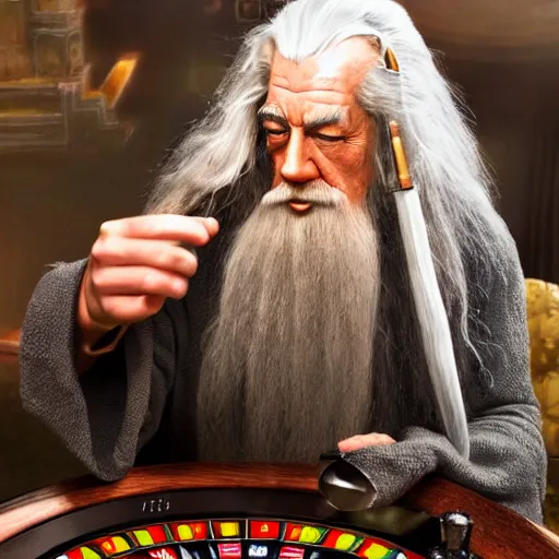 Image similar to gandalf playing roulette, highly detailed,