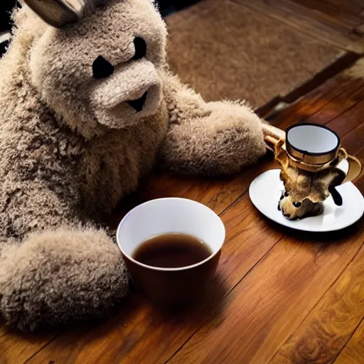 Image similar to a fluffy brown rabbit muppet wearing monk garb and a wolf skull as a mask and sat beside a cup of tea, photorealistic, nature, photography, national geographic, sesame street