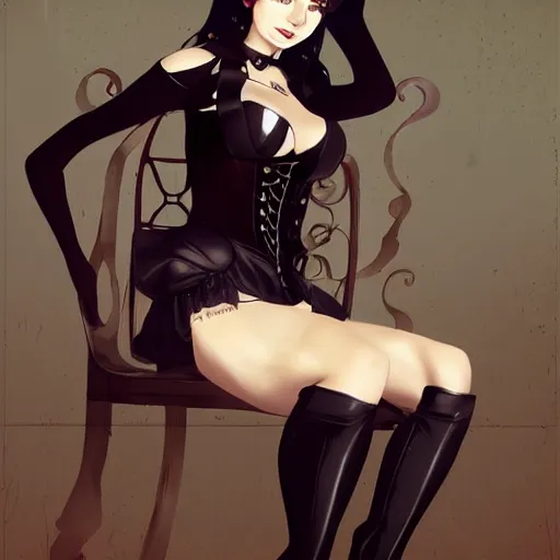 Prompt: gorgeous woman sitting in a chair wearing high black boots and a corset. high definition digital art, in the style of Ross tran and ilya kuvshinov