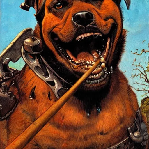 Image similar to grinning rottweiler barbarian, fantasy warrior, drooling, ultra detailed, 4 k, style of norman rockwell, style of richard corben.