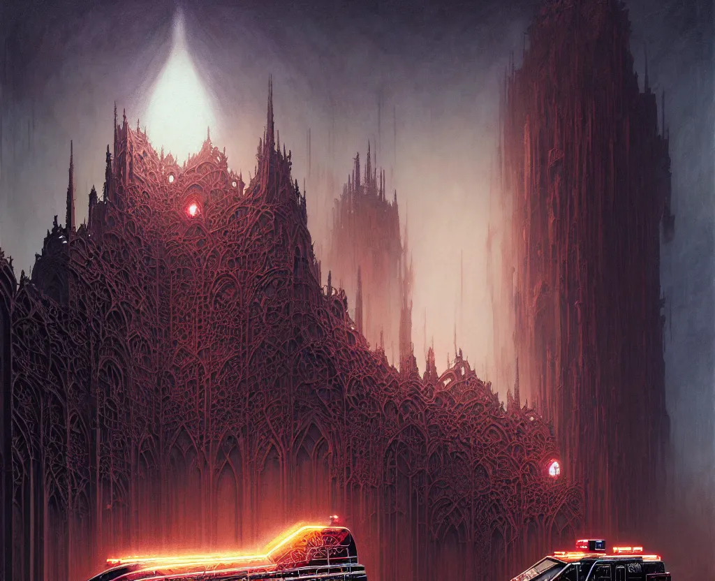 Image similar to detailed portrait, intricate complexity, by greg rutkowski, ross tran, conrad roset, takato yomamoto, ilya kuvshinov huge gothic crematorium on desert planet, elevator, side ramp entrance ambulance dead bodies, guards intricate, painting by lucian freud and mark brooks, bruce pennington, dark colors, neon, death, guards, nice style smoke