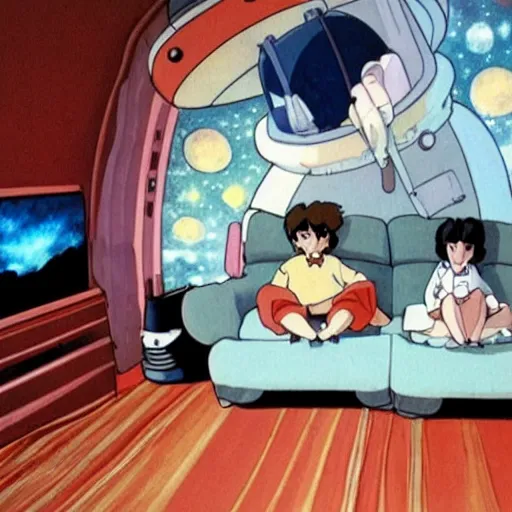 Image similar to couch flying through outer space studio ghibli