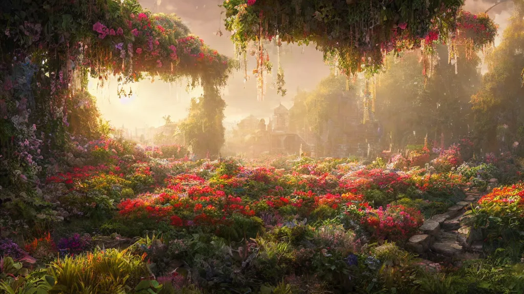 Prompt: a photorealistic hype realistic render of an interior of a beautifully decorated flower garden by pixar, greg rutkowski, wlop, artgerm, dramatic moody sunset lighting, long shadows, volumetric, cinematic atmosphere, octane render, artstation, 8 k