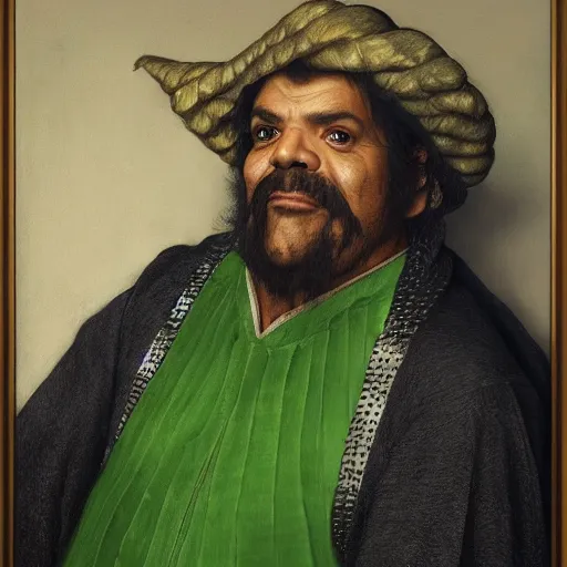 Image similar to hyper realistic, realistic - anime, portrait, beautifully rendered, ancient garb, luis guzman as luigi wearing green, smirking deviously, luigi, luigi's nose, painted by jan van eyck, albrecht durer, gustave courbet, greg rutkowski, wlop, artgerm, dishonored 2,