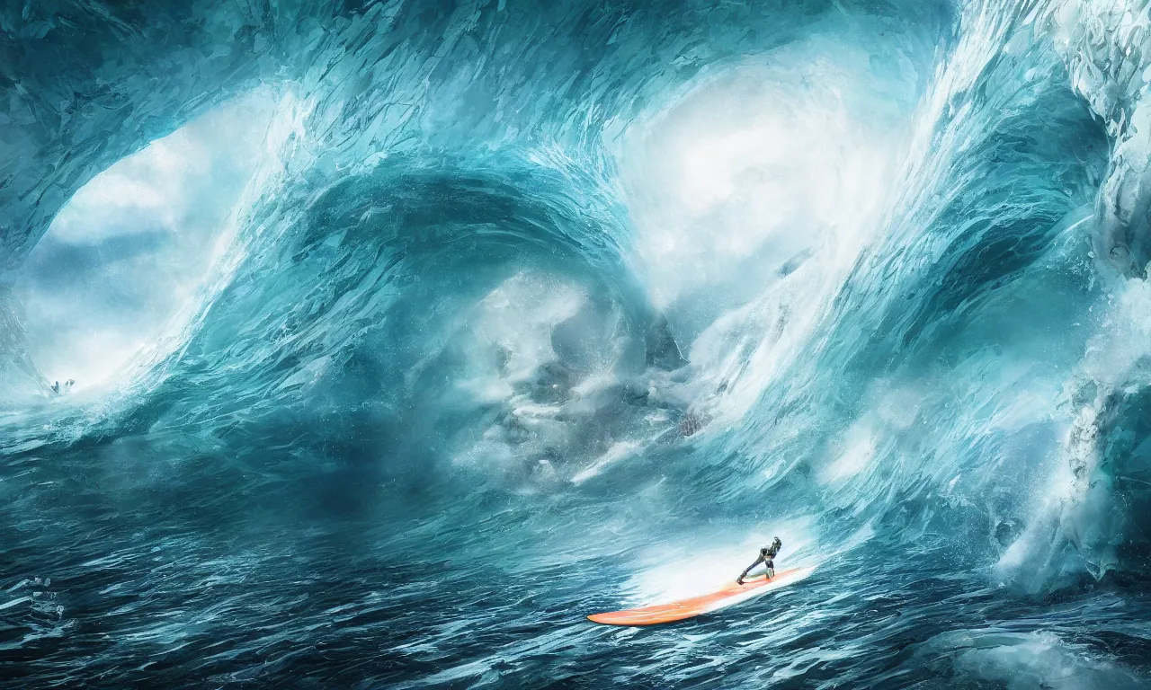 Image similar to giant mecha surfing a big wave inside the tunnel, by Jessica Rossier, slow motion, refractions, summer