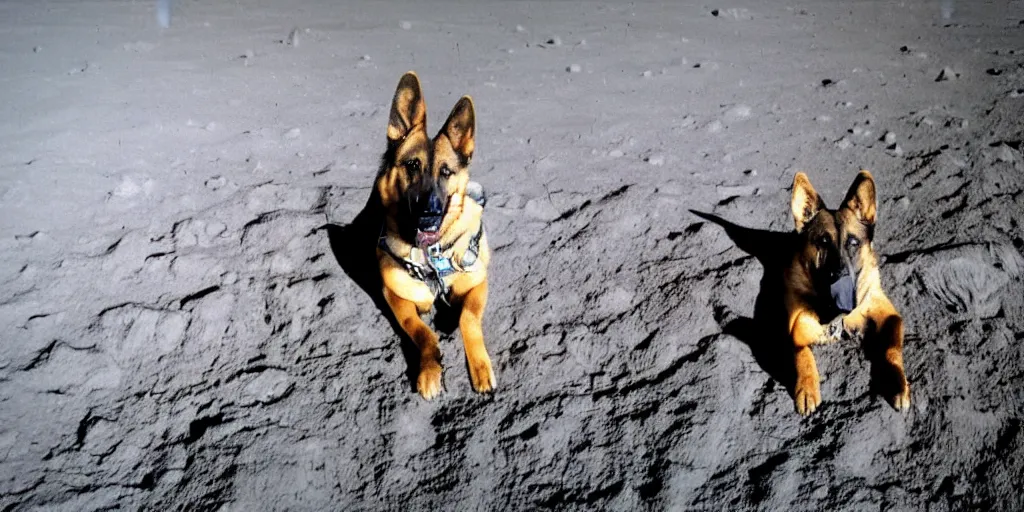 Image similar to high resolution colour photograph of a german shepherd on the moon surface, wearing a space suit, portrait, very detailed, realistic, shot on digital camera