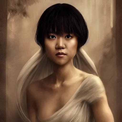 Prompt: like dust, magic gathers in overlooked places, photorealistic portrait of yuja wang in style of tom bagshaw and greg rutkowski. absolutely stunning!, sitting on the palace stairs, symmetrical perfect face, porcelain skin, ultra - detailed, digital art, 8 k