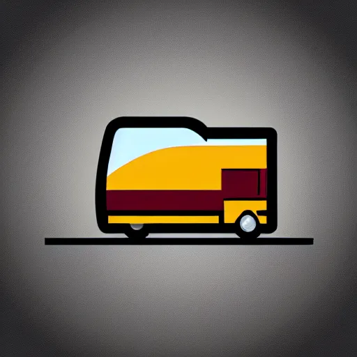 Image similar to very very very stylized minimal vector graphic of a thor chateau motorhome, highway, mountains and sunset!!, white background, all enclosed in a circle, dramatic, professional minimal graphic design cartoon, award winning