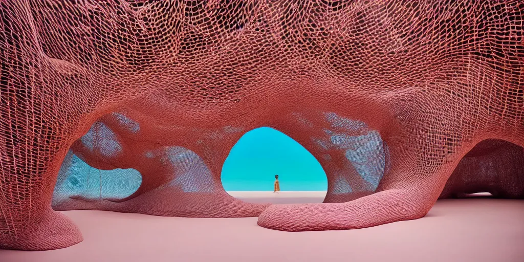 Image similar to biomorphic structures out of stocking - like material and nets that fills with various objects like spices, sand and rocks by ernesto neto, dusty pink with light - mint color, film still from the movie directed by denis villeneuve with art direction by zdzisław beksinski, telephoto lens, shallow depth of field