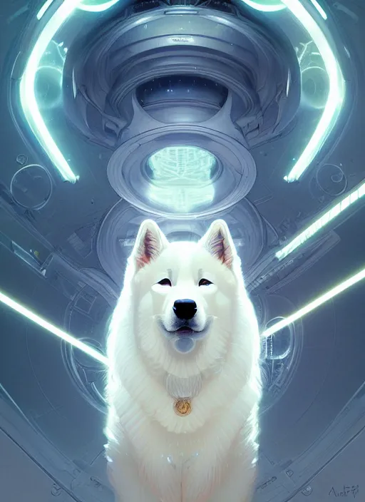 Prompt: symmetry!! portrait of a samoyed doggie, sci - fi, glowing lights!! intricate, elegant, highly detailed, digital painting, artstation, concept art, smooth, sharp focus, illustration, art by artgerm and greg rutkowski and alphonse mucha
